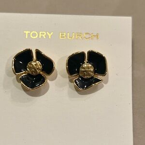 Tory Burch Black Floral Stud Earrings with Gold Detail